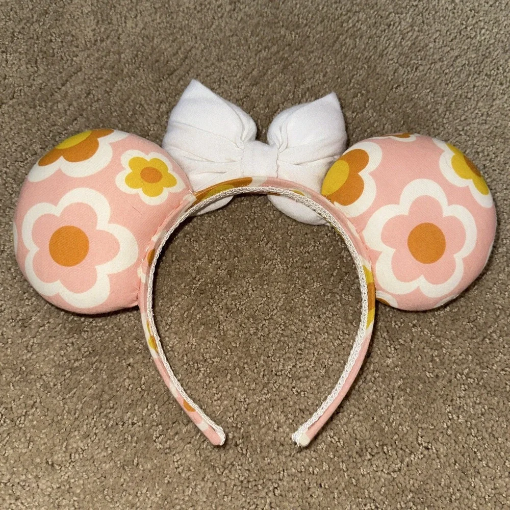 Handmade Minnie Ears! Super Cute Retro 70s Style Pink & Yellow Flower Ears. New